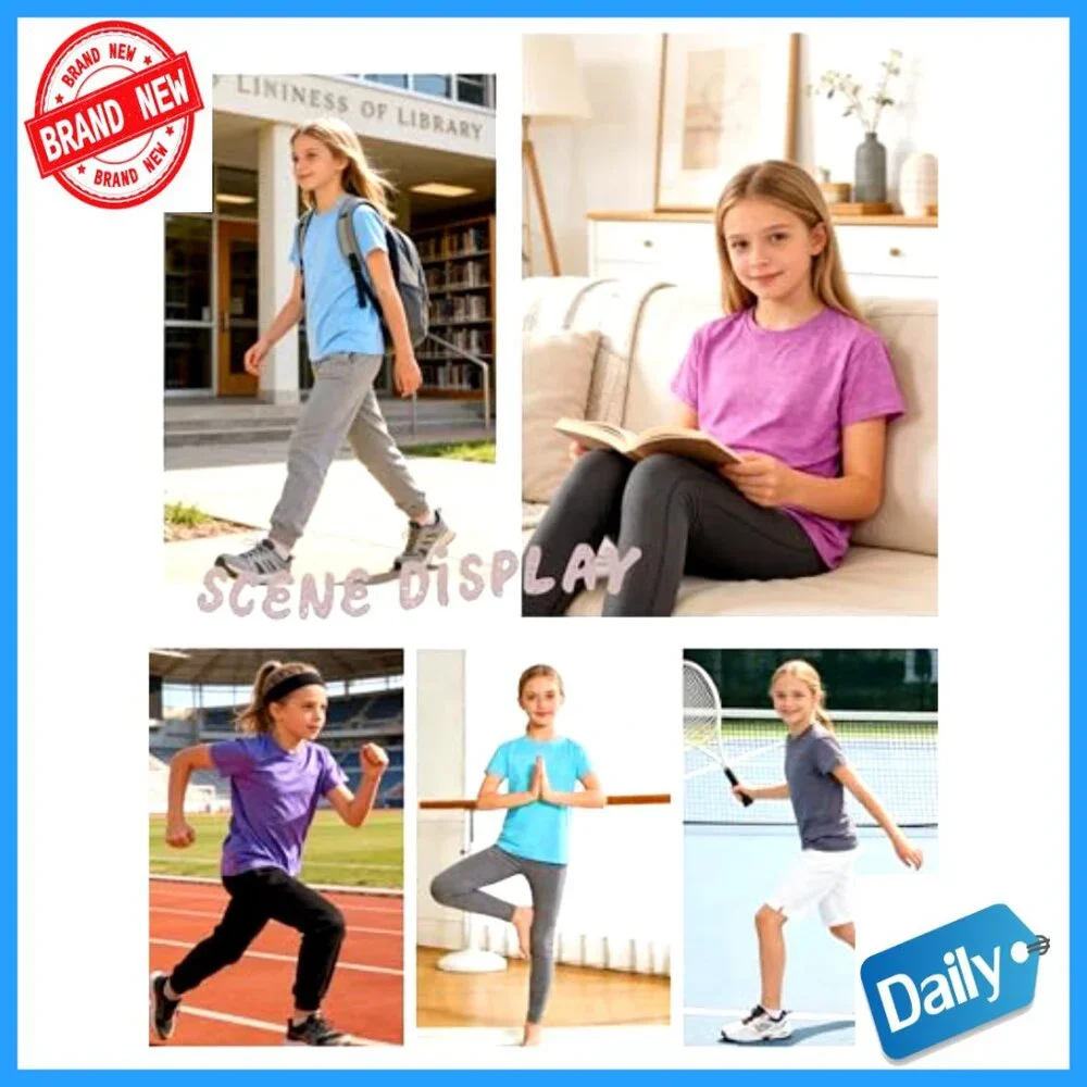 5 Pack Girls Athletic Dry-Fit T-Shirts Short Sleeve Crew Neck Tops